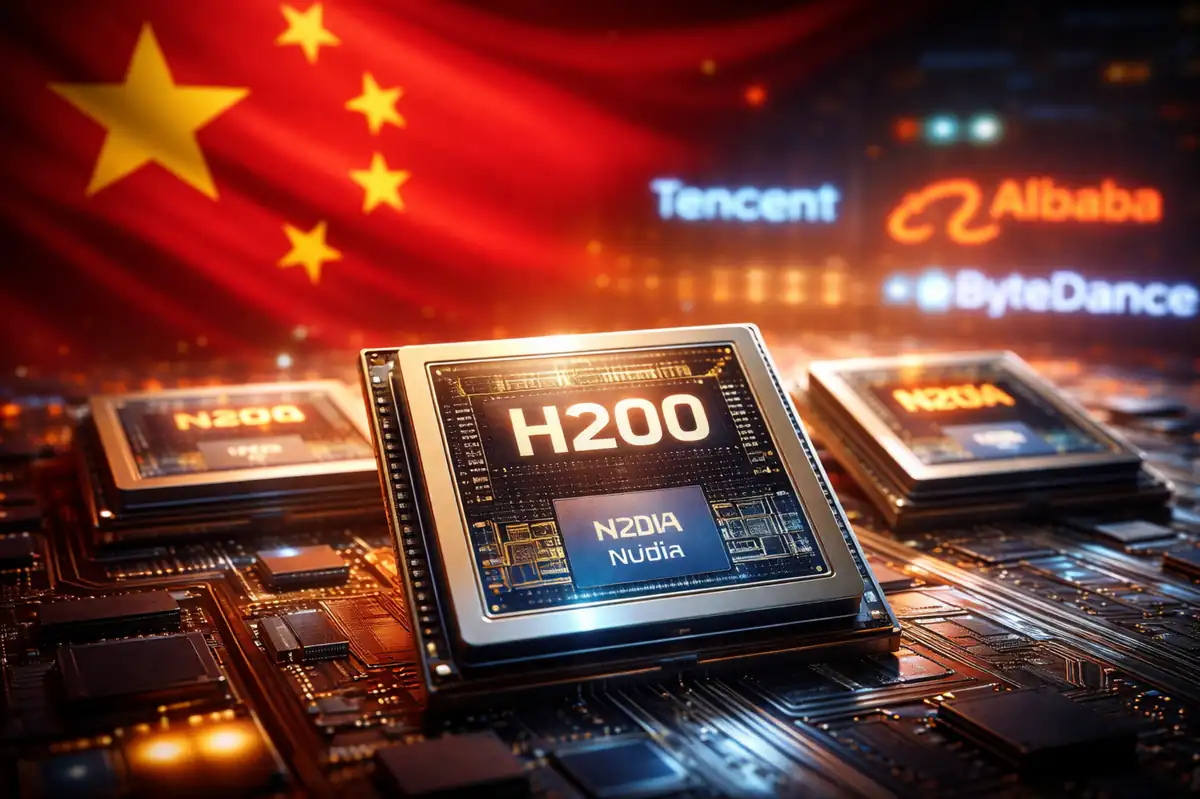 Nvidia H200 AI chips shown with Chinese flag background as China approves H200 chips for DeepSeek