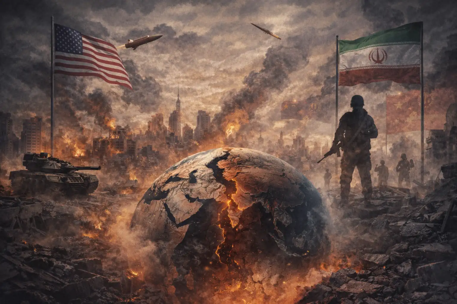 Illustration showing global war crisis with US and Iran flags, soldiers, missiles and a burning Earth symbolizing world conflict