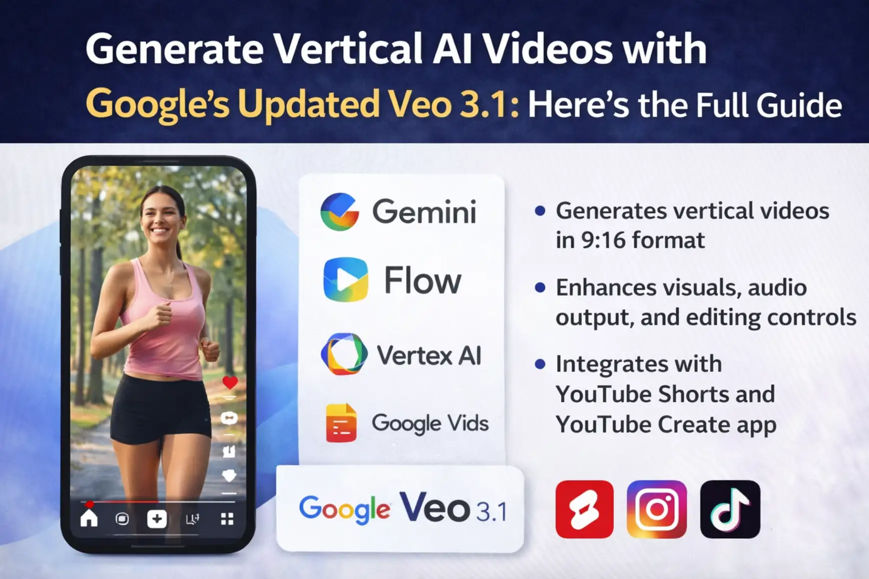 Illustration explaining Google Veo 3.1 update for generating vertical AI videos with Gemini, Flow and Vertex AI for YouTube Shorts and social media