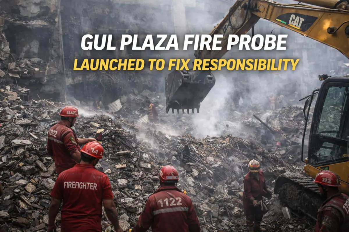 Firefighters and rescue teams work through debris as authorities launch a probe to determine responsibility for the deadly Gul Plaza fire