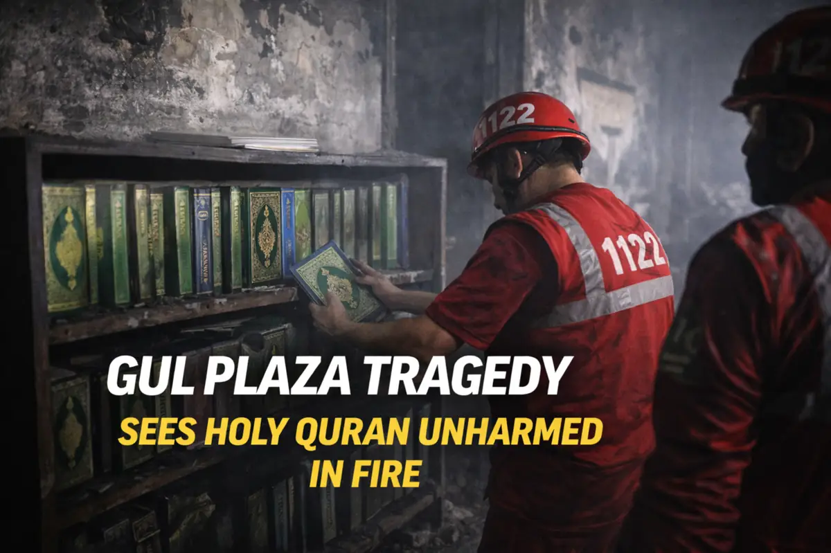 Rescue workers recover copies of the Holy Quran found unharmed after a deadly fire at Gul Plaza tragedy site
