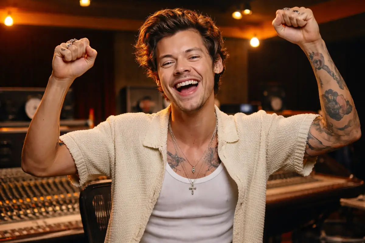 Singer Harry Styles smiles and raises his arms in celebration during a recording studio session