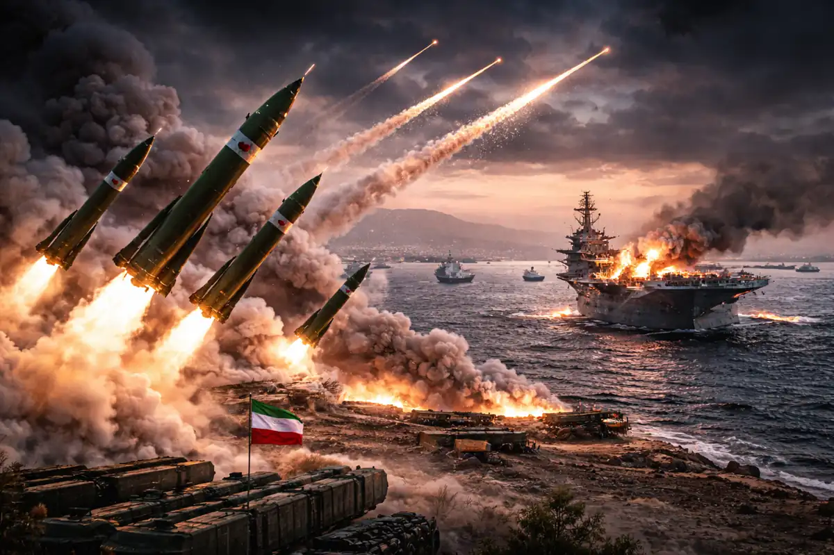 Missile launches and naval conflict illustration as Iran threatens the United States with an instant military response