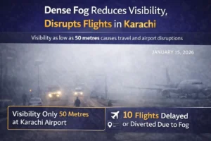 Dense fog at Karachi airport reduces visibility to 50 metres as multiple flights are delayed or diverted on January 15, 2026