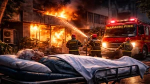 Karachi fire incident kills elderly man as firefighters battle blaze at clinic