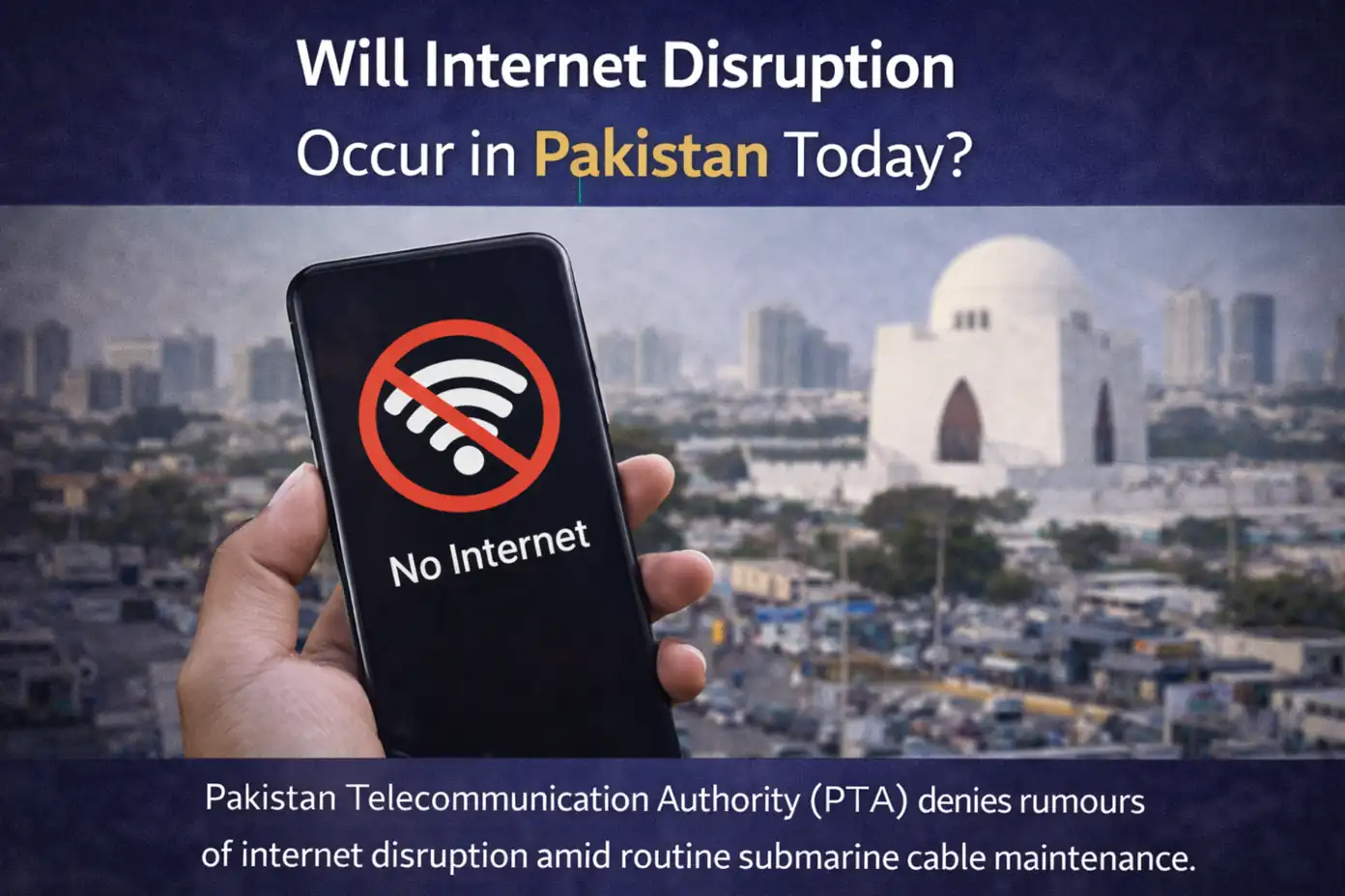 Mobile phone showing no internet sign in Karachi as Pakistan Telecommunication Authority denies rumours of internet disruption due to submarine cable maintenance