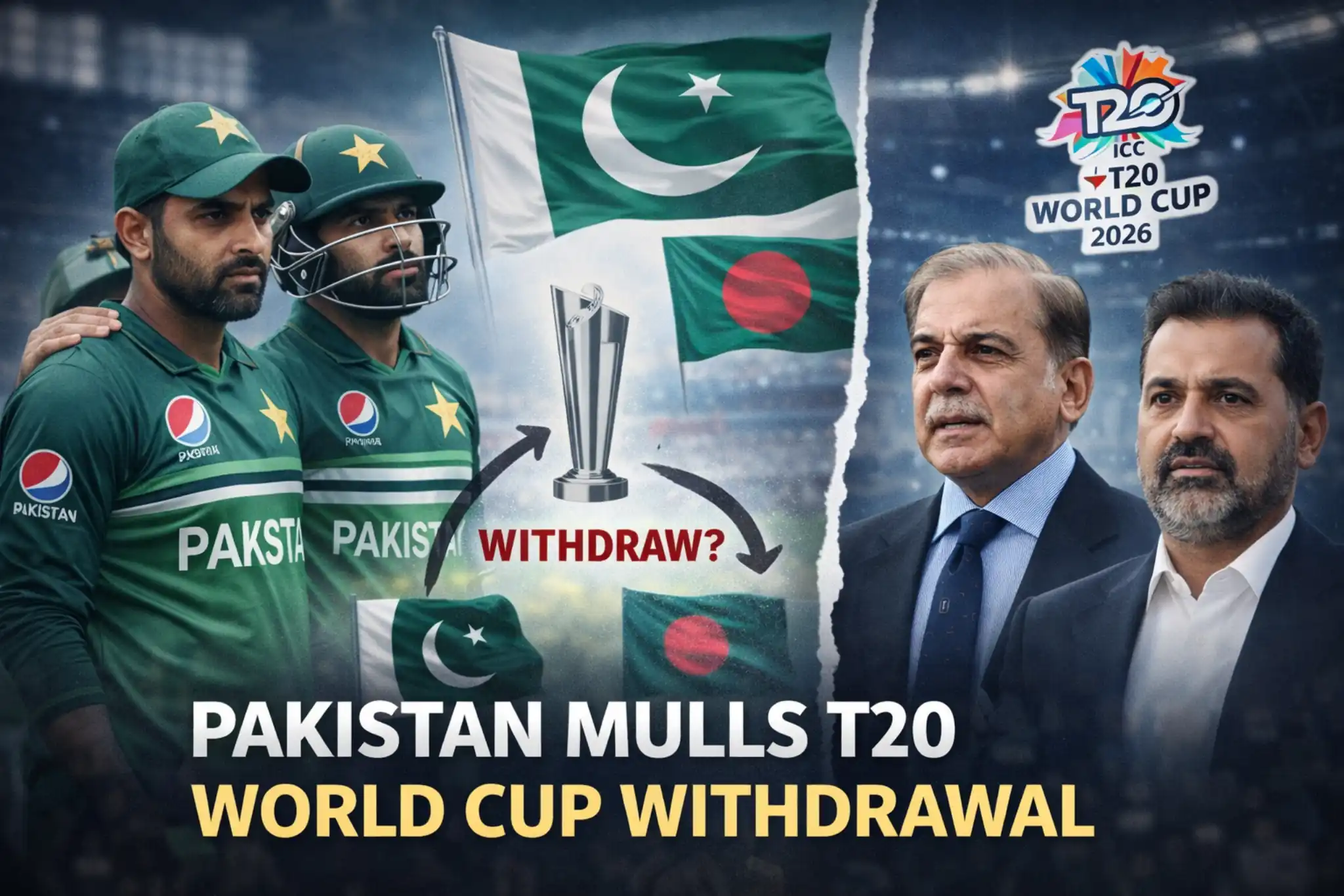Pakistan cricket players and officials as Pakistan considers withdrawal from ICC T20 World Cup 2026 amid regional tensions
