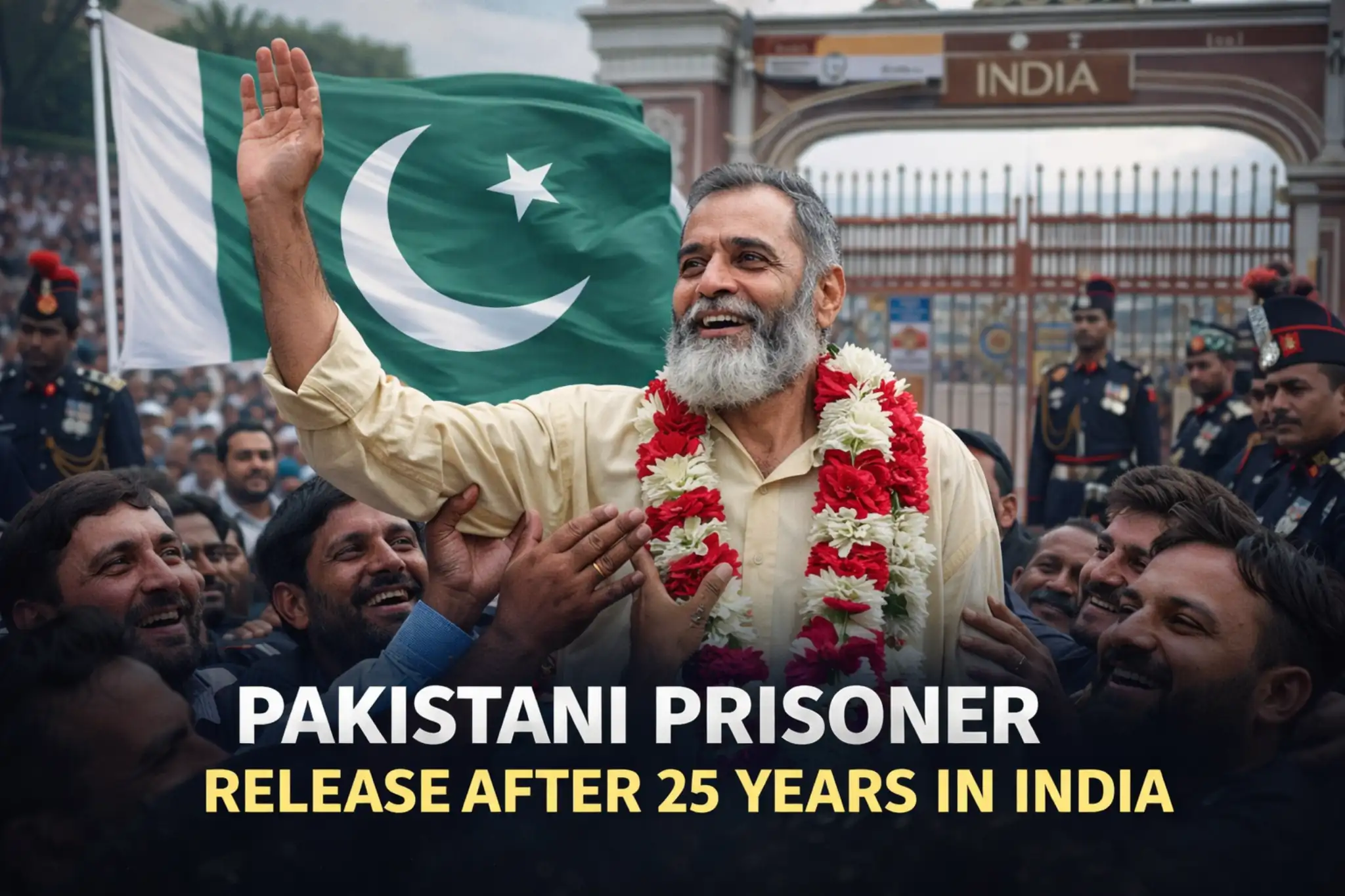 Pakistani prisoner waves after release from India following 25 years in jail as supporters welcome him home
