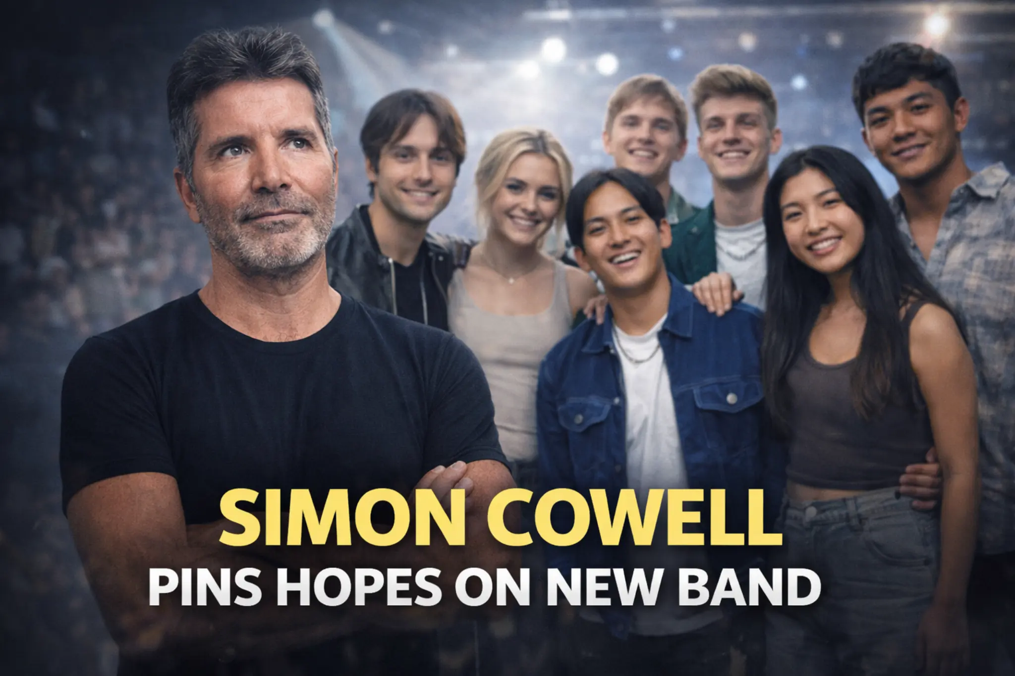 Simon Cowell stands with a newly formed music band as he pins hopes on their success after changing his approach