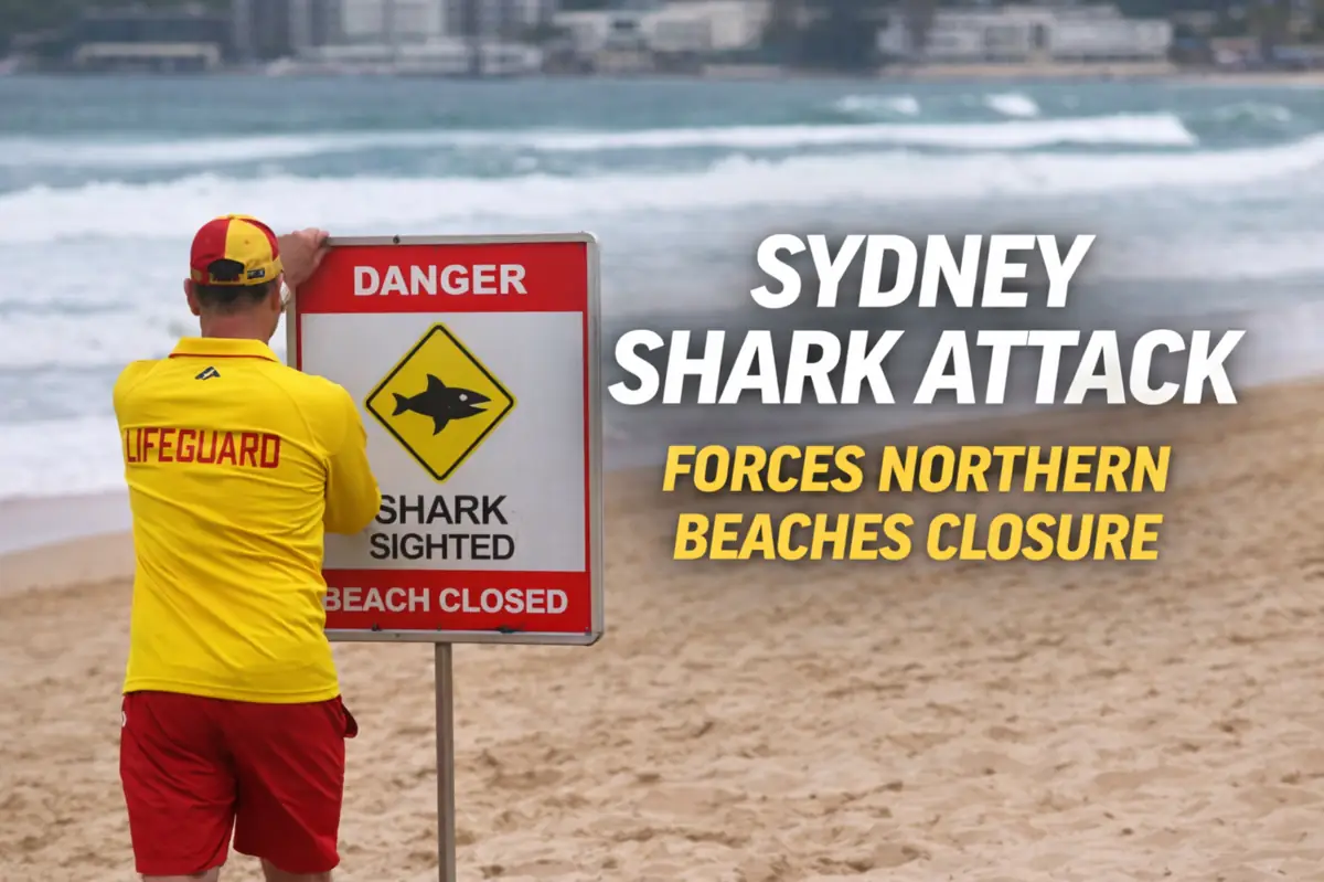 Lifeguard places a shark warning sign on a Sydney beach after a shark attack forces the closure of northern beaches