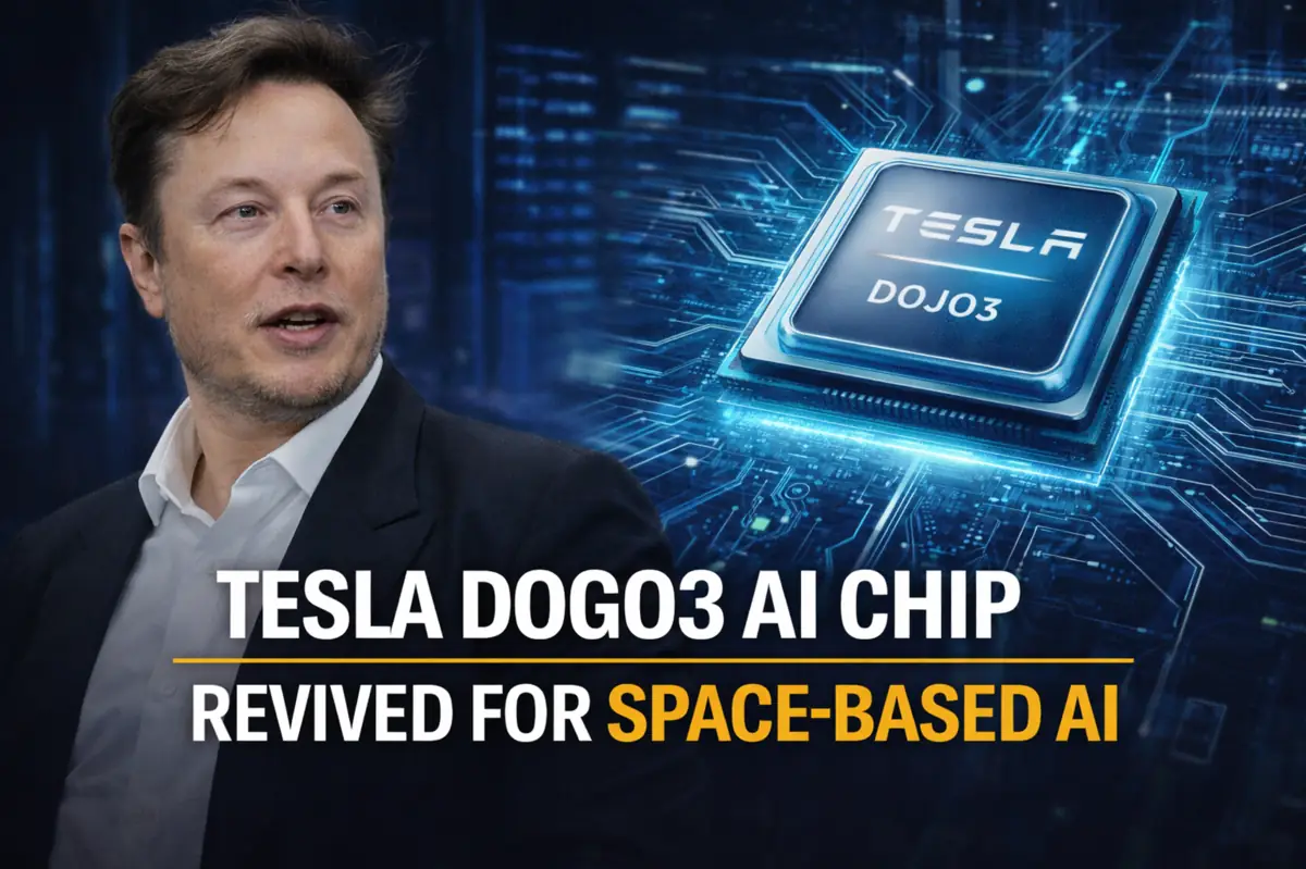 Elon Musk with Tesla Dogo3 AI chip concept as the company revives the processor for space-based artificial intelligence applications