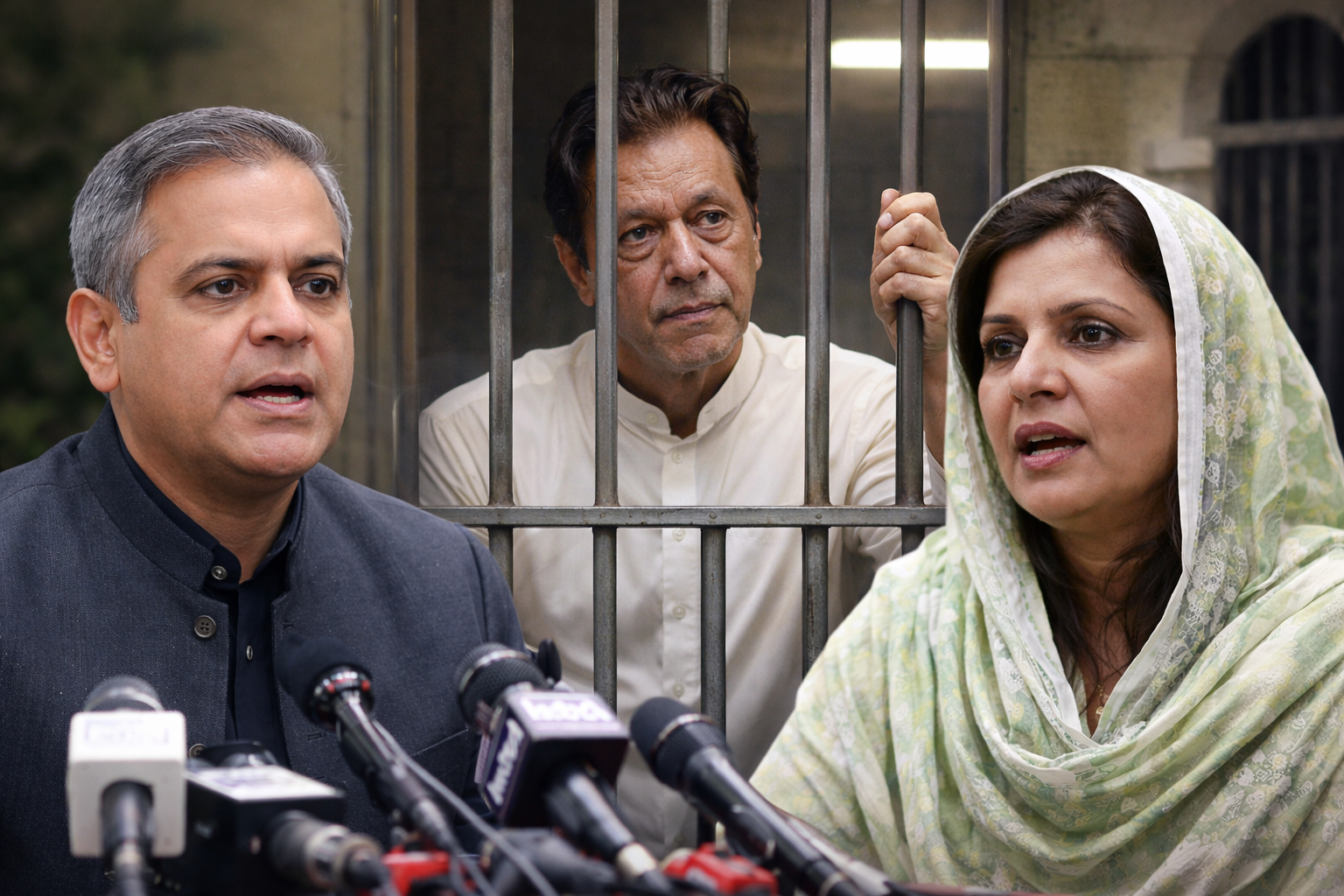 High quality news style image showing Imran Khan in jail during Imran Eye Exam Delay controversy with Mohsin Naqvi and Aleema Khan