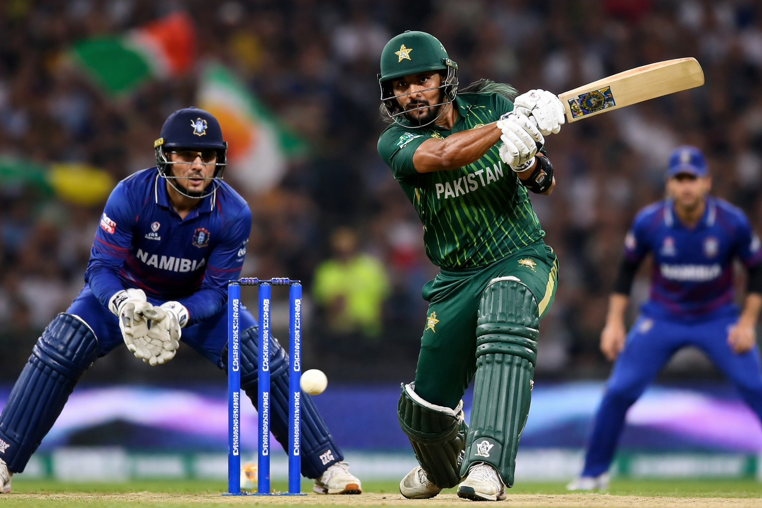 Pakistan vs Namibia T20 World Cup match action at SSC Cricket Ground Colombo with players batting and fielding under stadium lights
