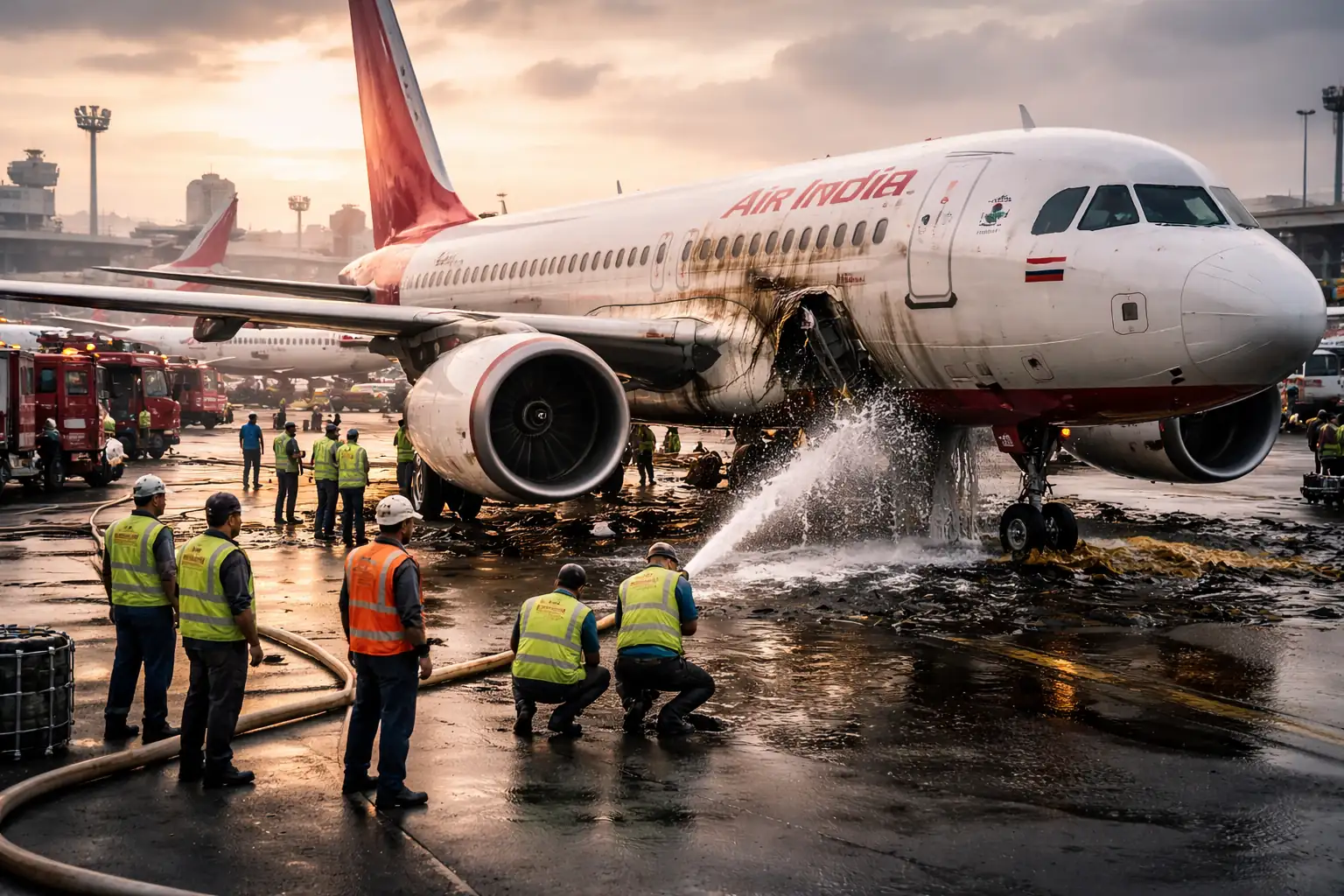Air India incidents showing fuel leak and emergency maintenance on aircraft with ground crew and fire services at airport