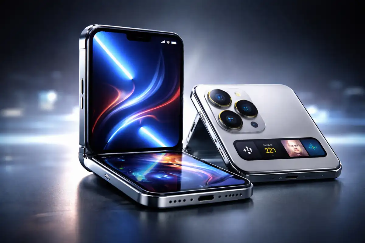 Concept image of a clamshell foldable iPhone as Apple considers a new foldable smartphone design