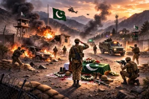 Security forces responding to Bajaur terror attack at mountainous border checkpost with smoke and military presence