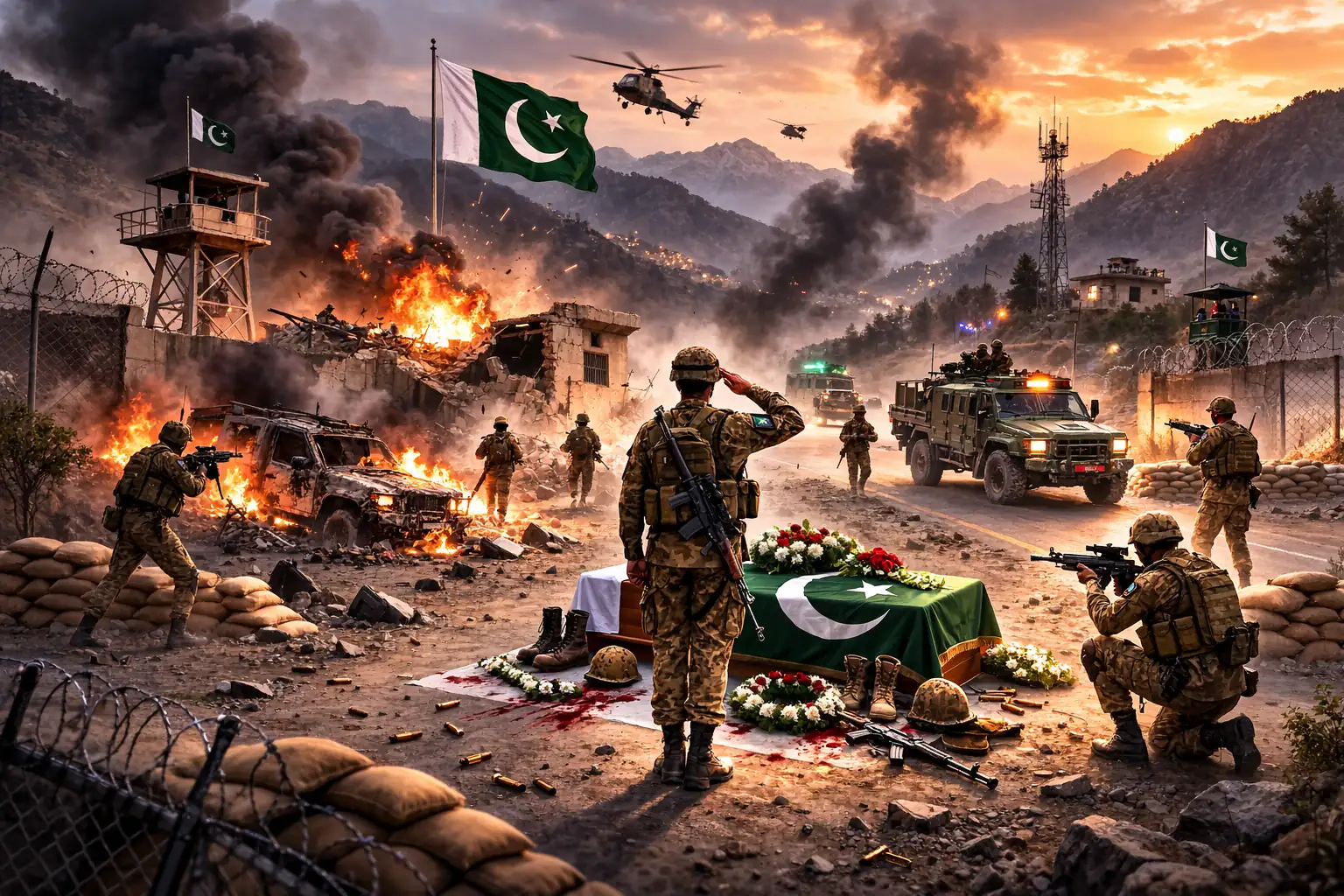 Security forces responding to Bajaur terror attack at mountainous border checkpost with smoke and military presence