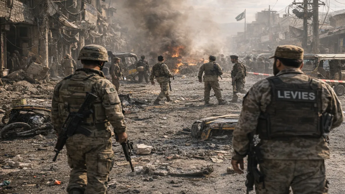 Security personnel inspect blast site after terror attack in Balochistan affecting local residents