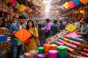 People shopping for colorful kites in crowded Lahore markets as Basant festival returns