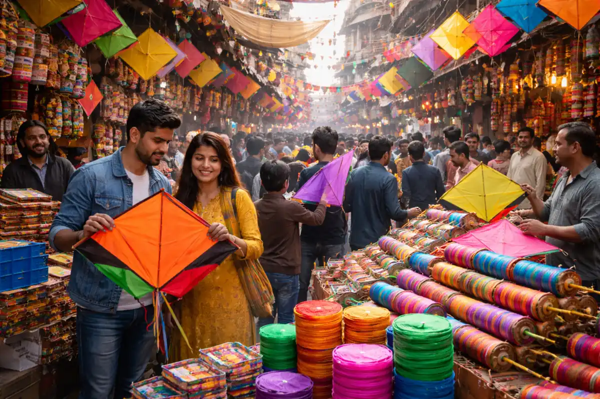 People shopping for colorful kites in crowded Lahore markets as Basant festival returns