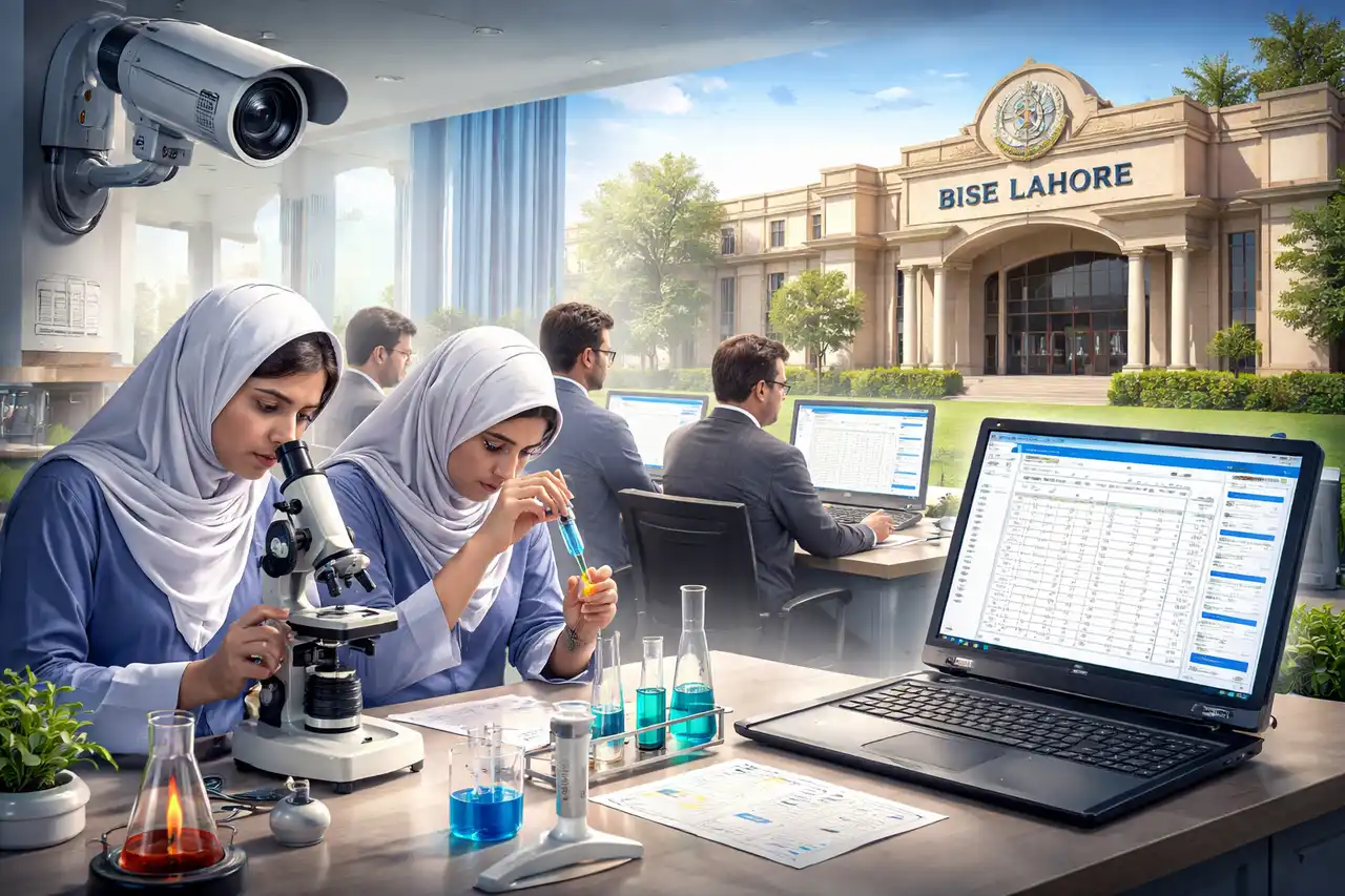 Students performing practical exam in laboratory under CCTV monitoring representing BISE Lahore reforms and e marking system