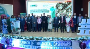 Launch event of BISP dashboard for Benazir Nashonuma Programme with officials and partners on stage