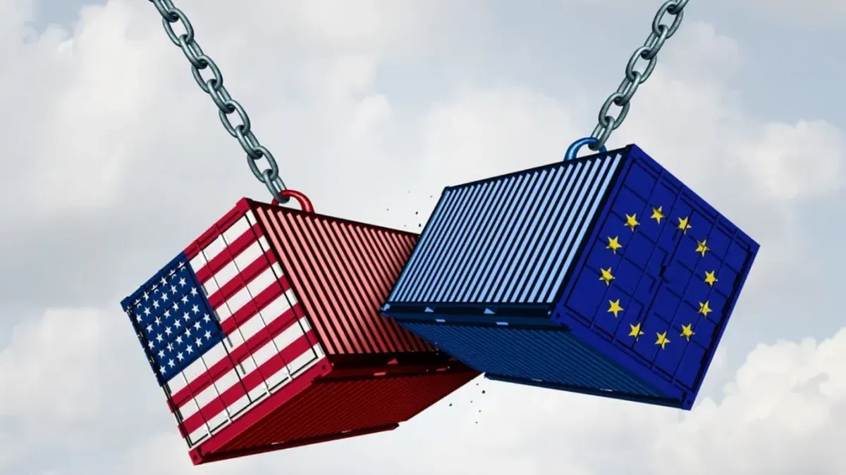 US and EU shipping containers colliding symbolizing EU-US trade deal tariff tensions