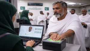Pakistani Hajj pilgrim giving fingerprints during biometric verification before deadline