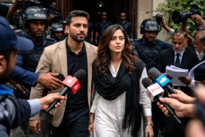 Imaan Mazari and Hadi Ali Chattha outside court after Imaan Mazari bail granted in police scuffle case