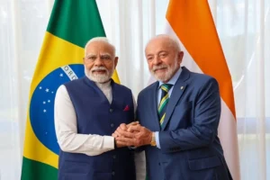Narendra Modi and Luiz Inacio Lula da Silva handshake during India Brazil Trade meeting in New Delhi