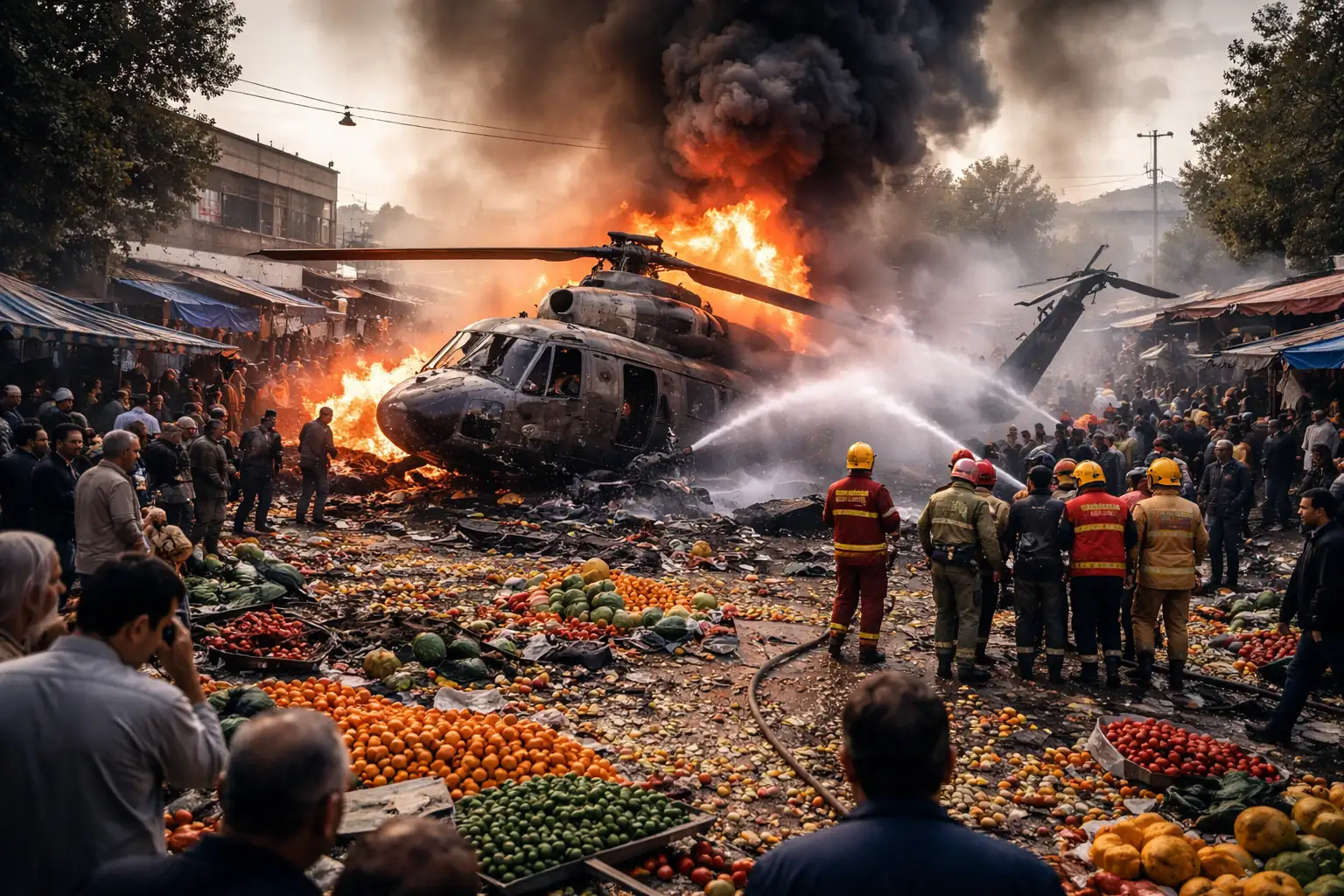Iran helicopter crash in Dorcheh kills four people after military aircraft hits busy fruit market