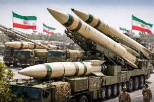 Iran missiles displayed on mobile launchers during a military parade showcasing Iran’s missile power
