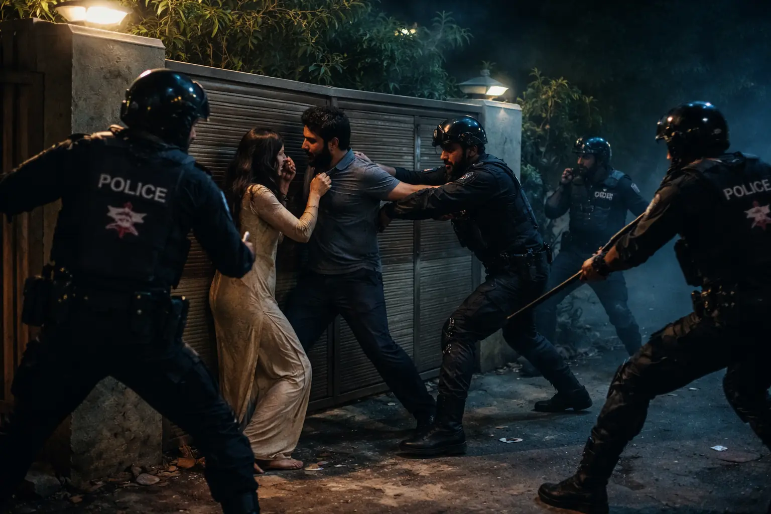 Islamabad police assault scene showing officers confronting a couple outside their home at night