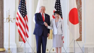 President Donald Trump and Prime Minister Sanae Takaichi shaking hands during Japan US Investment announcement meeting