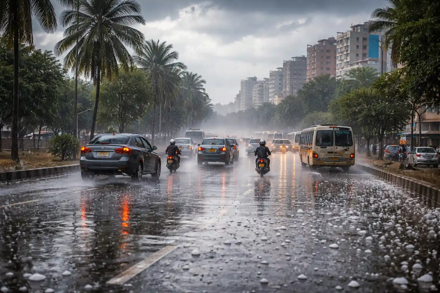 Landscape view of Karachi streets during light rain and hail, showing cars, motorbikes, puddles, and palm trees under cloudy sky