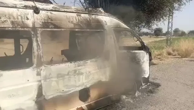 Burned Rescue 1122 ambulance after Karak Ambulance Attack in Khyber Pakhtunkhwa