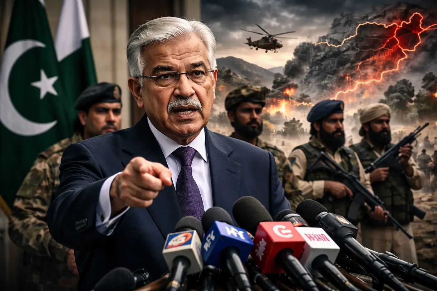 Pakistani Defence Minister Khawaja Asif at press conference discussing Pakistan’s readiness to strike if Kabul fails to guarantee peace, with military officers and helicopters in the background