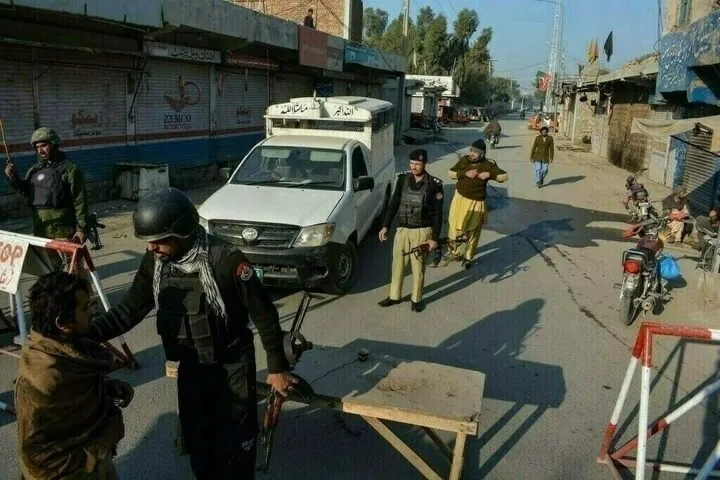 Police officers securing area after Kohat Police Attack in Khyber Pakhtunkhwa