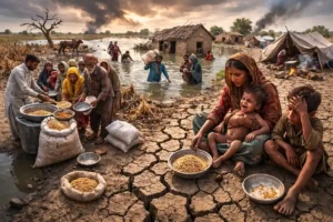 Families affected by floods and drought receiving food aid during Pakistan food insecurity crisis