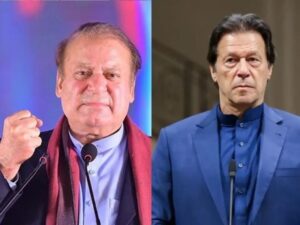 Side-by-side image of two Pakistani political leaders speaking at public events, one raising his fist and the other standing at a podium.