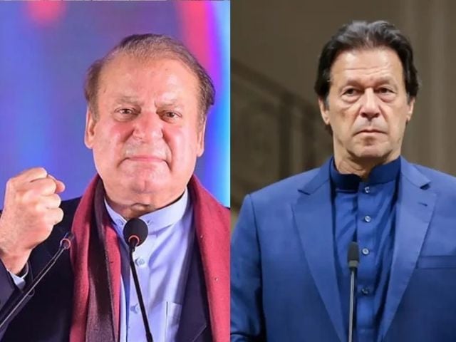 Side-by-side image of two Pakistani political leaders speaking at public events, one raising his fist and the other standing at a podium.