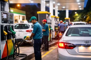 fuel station workers filling petrol in vehicles during petrol price hike in Pakistan