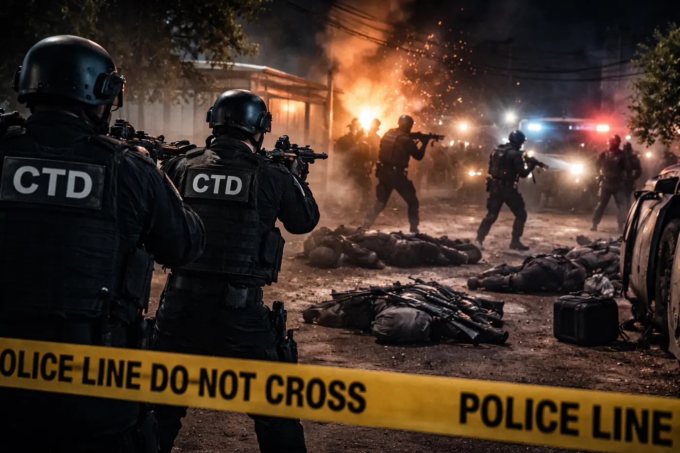 Security forces conducting a nighttime raid during Quetta CTD operation with police vehicles and tactical response units