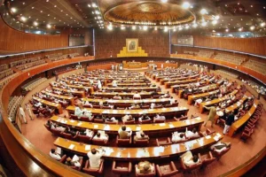 Interior view of Senate of Pakistan during session highlighting Senate broadcast suspension