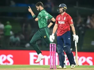 Shaheen Afridi celebrating a wicket during T20 World Cup match against England