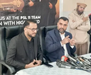 Hamza Majeed addressing media at Sialkot Stallionz PSL press conference in Lahore