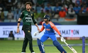 Pakistan and India players in action during a T20 match amid growing support in Pakistan for a T20 World Cup boycott