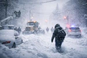 Severe winter storm during US Northeast Blizzard with heavy snowfall, snowplow clearing roads and emergency vehicles responding