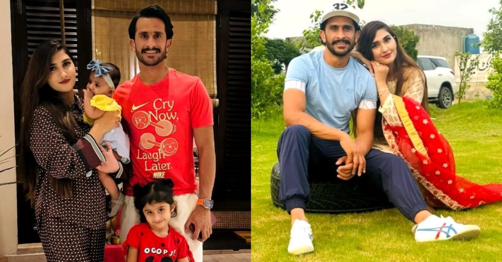 Pakistani cricketer Hassan Ali smiling with his wife Samiya and daughters while holding newborn baby Hamdan, showcasing a joyful family moment
