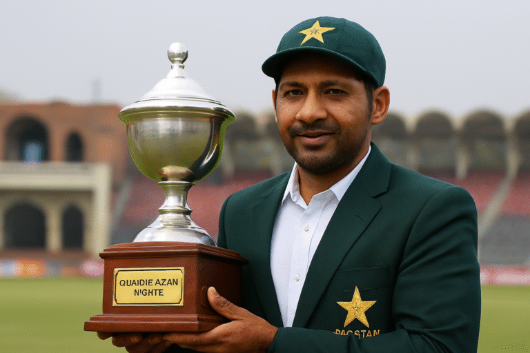 Sarfaraz Ahmed standing confidently with a cricket stadium backdrop, symbolizing his new role as Pakistan Test head coach.